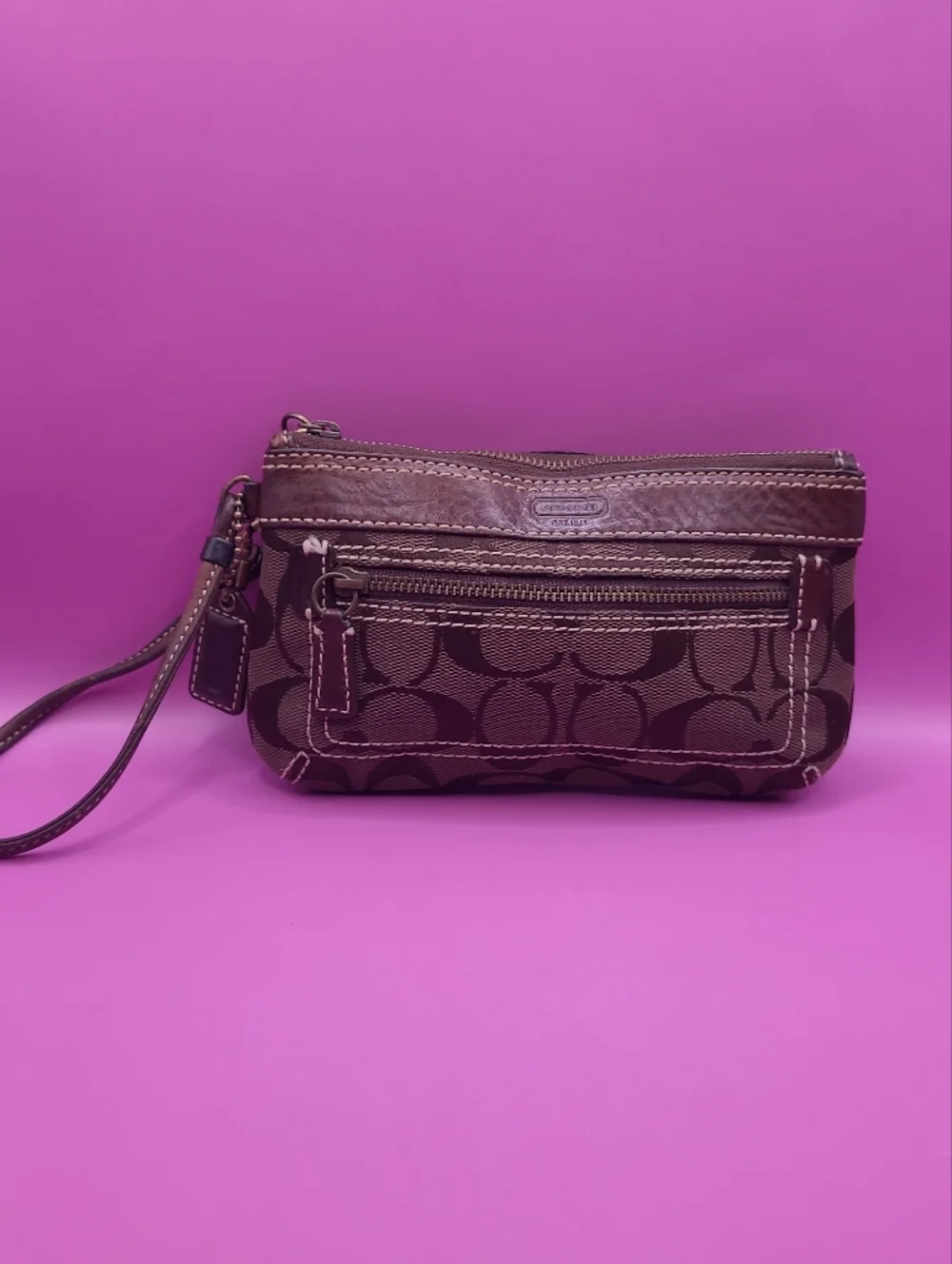 RARE Vintage Coach Soho Signature C Choco Brown Leather Trim Purse Bag Wristlet - Picture 1 of 13